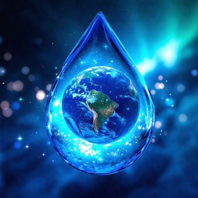 The primary subject of the image is a blue teardrop-shaped object, which is a representation of the Earth. The setting is a blue background, and the visual style is a digital art or illustration. The colors and mood of the image are predominantly blue, creating a serene and calming atmosphere.